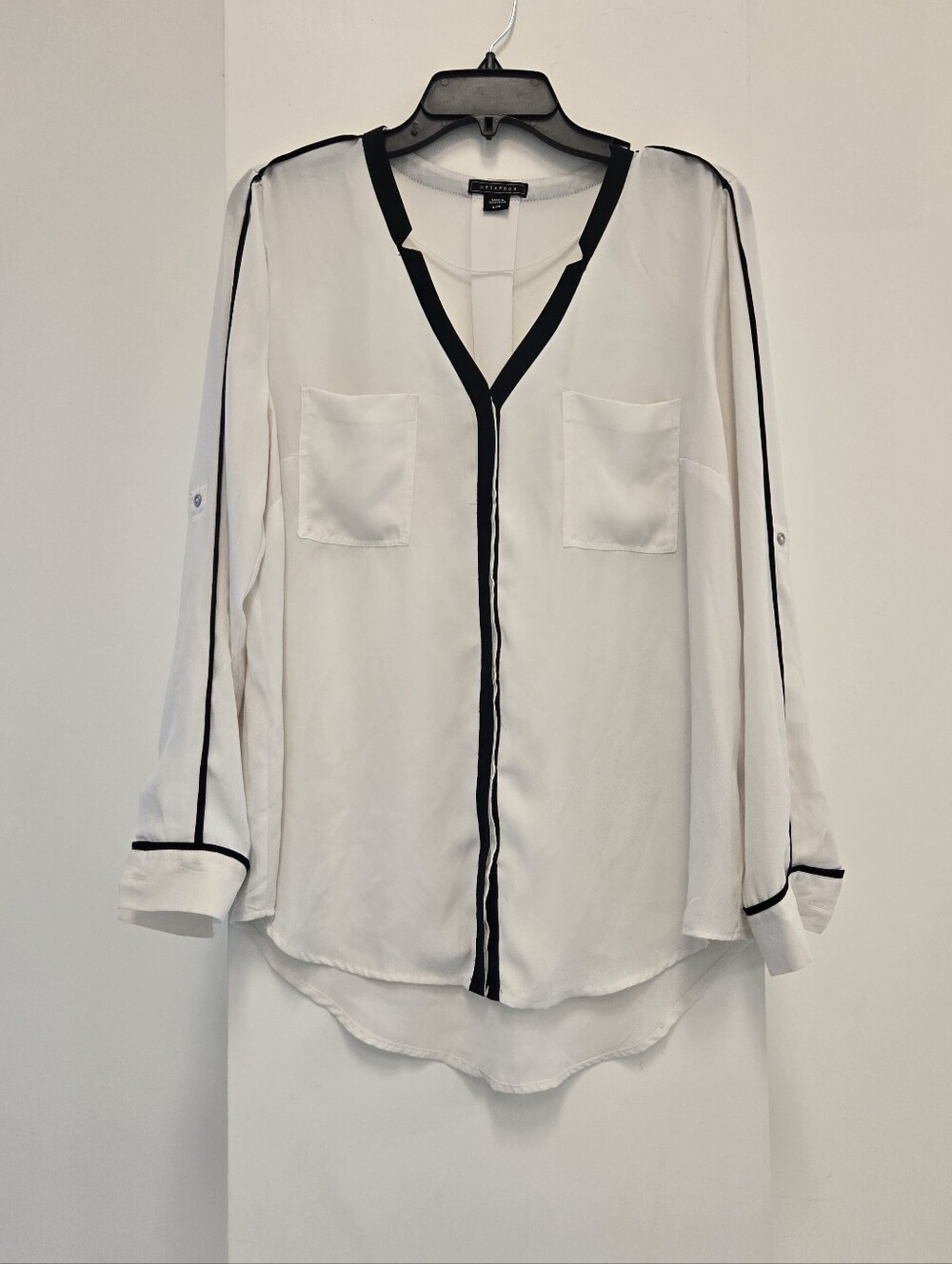 Metaphor White Button-Down Blouse with Black Trim